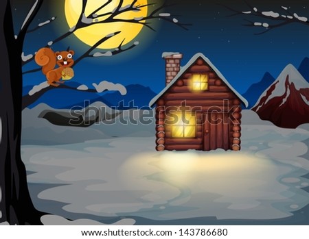 Illustration of a squirrel at the branch of a tree near a wooden house