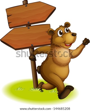 Illustration of a bear running with a wooden arrow board at the back on a white background