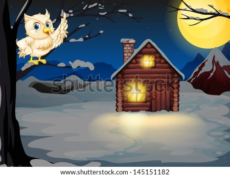 Illustration of an owl at the branch of a tree near the lighted house
