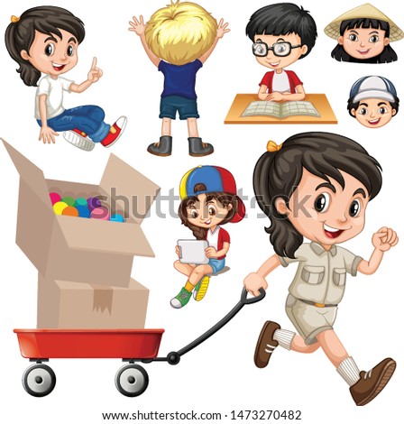 Many children with happy face in different actions illustration
