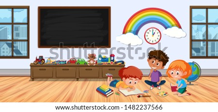 Three kids in children room playing illustration