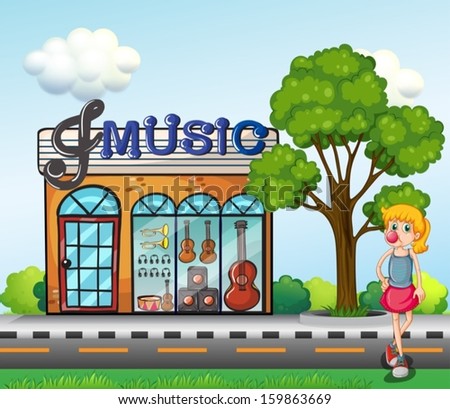 Illustration of a young girl in front of the music store