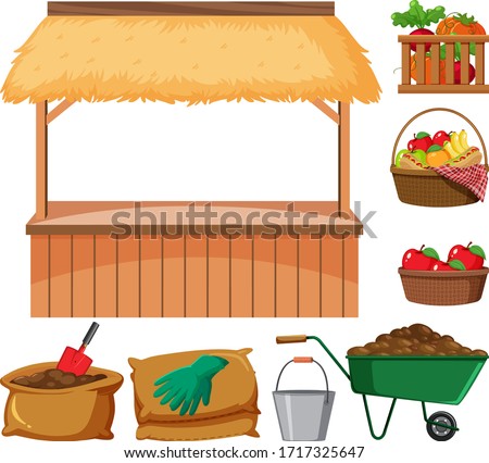 Food vendor and many farming items on white background illustration