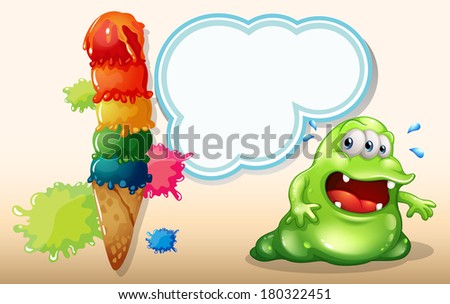 Illustration of a sweaty fat monster near the giant icecream