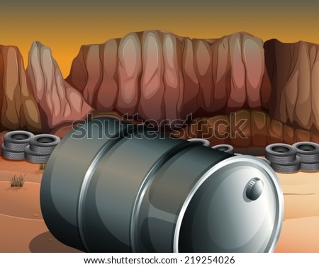 Illustration of a desert with a barrel and tires