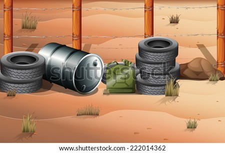 Illustration of the wheels and fuel containers near the barbwire fence