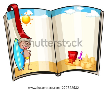 Blank pages of an open book with beach design