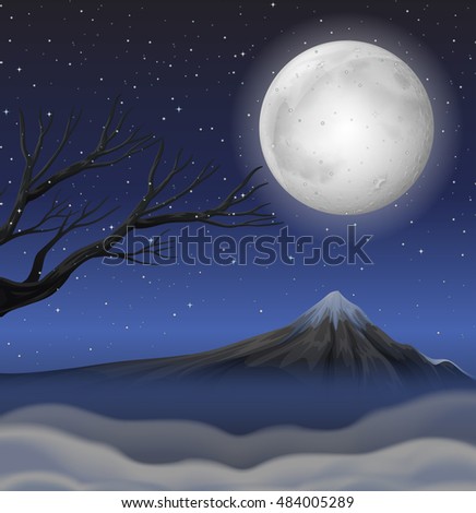 Scene with mountain on fullmoon night illustration