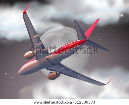 Airplane flying on the fullmoon night illustration