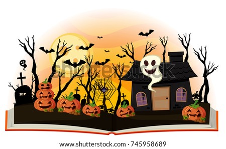 Halloween book with jack-o-lantern and haunted house illustration
