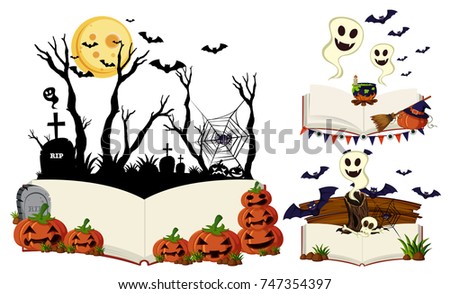 Three books with halloween scenes illustration