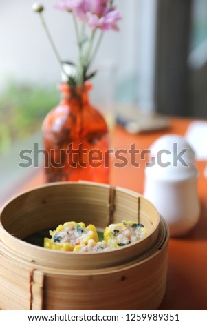 Dim sum on wood basket , Chinese food