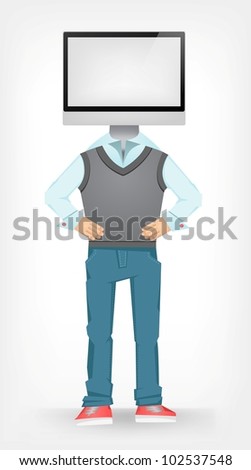 Computer Guy Isolated on Grey Gradient Background. Vector EPS 10.