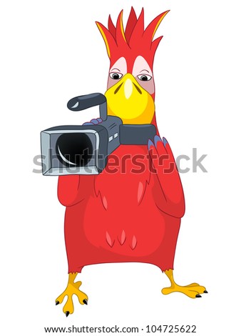 Cartoon Character Funny Parrot Isolated on White Background. Cameraman. Vector EPS 10.