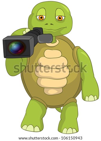 Cartoon Character Funny Turtle Isolated on White Background. Cameraman. Vector EPS 10.