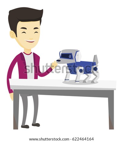 Happy young asian man playing with a robotic dog. Smiling man standing near the table with a robotic dog on it. Man stroking a robotic dog. Vector flat design illustration isolated on white background