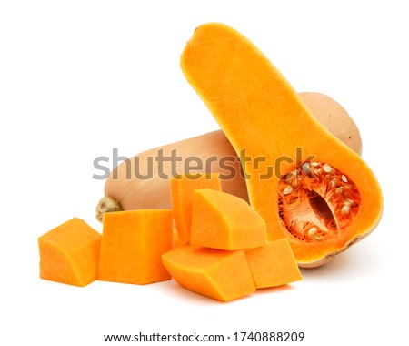 bottle shaped butternut pumpkin and a cut one on a white background 