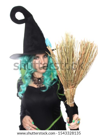 Witch With Broom on White Background Shallow DOF focus on Broom
