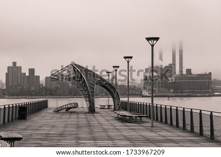 Une belle photo de North 5th Street Pier and Park à Brooklyn, New York avec des tons monochromes