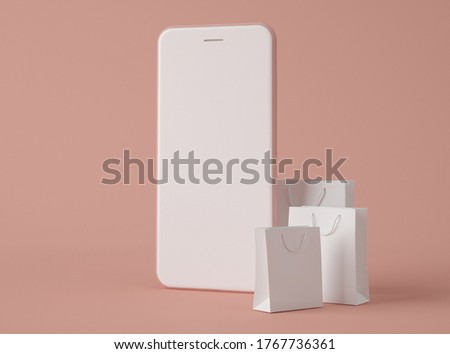 3D Illustration. Smartphone with blank white screen and paper shopping bag on color pastel background. Shop online concept.
