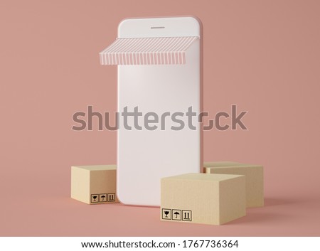 3D Illustration. Smartphone with blank screen and cardboard boxes on pastel color background. Shop online and delivery service concept.