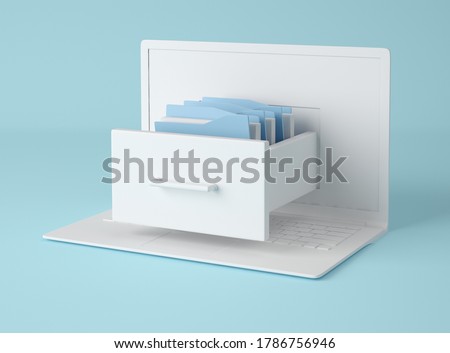 3D Illustration. Computer laptop and file cabinet with folders. Data storage concept. Business concept.