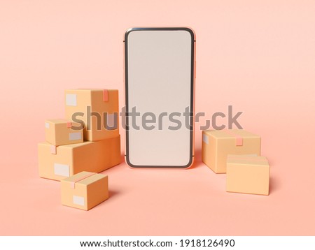 3D Illustration. Smartphone with blank white screen and cardboard boxes. E-commerce and Shipping service concept.