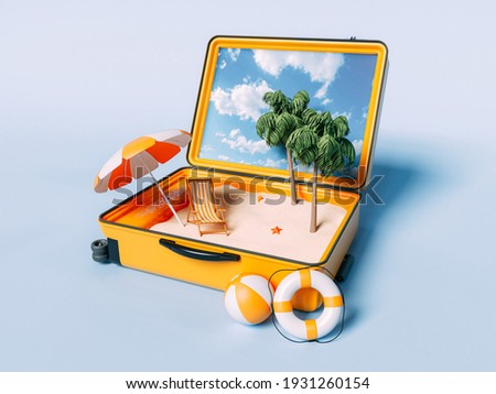 Paradise beach in travel suitcase. Summer Vacation Concept. 3d illustration.