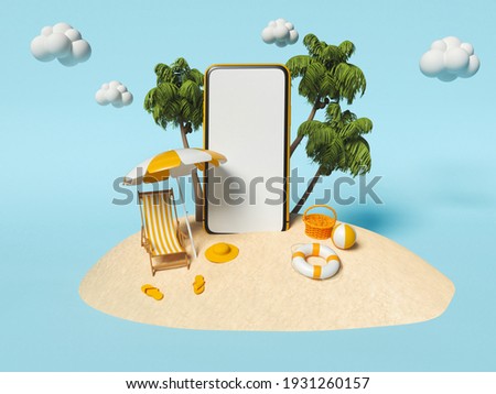 3d illustration. Palms and beach with chair, Beach umbrella and Smartphone on sand. Travel and Summer vacation concept.