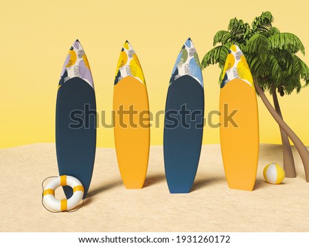 3d illustration. Surfboards on sand with palms. Summer vacation concept.