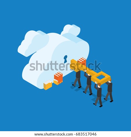 Vector illustration. Business people with key and clouds with keyholes. Isometric flat design. Storage concept. Light blue background
