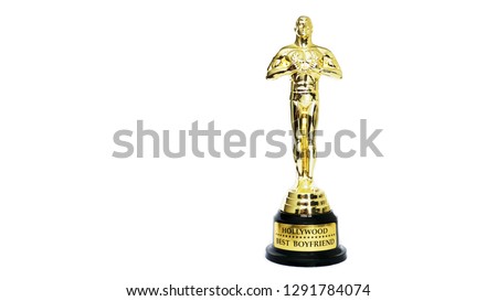 award or Hollywood golden trophy isolated on a white background. Best boyfriend sign. Postcard for a partner