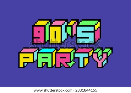 90s party text banner, retro style poster, bright pixeled letters on violet background, nineties party invitation design