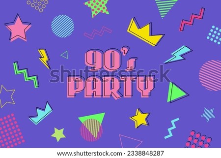 90s party text, abstract banner, retro style poster, bright letters on violet background, party invitation flyer design