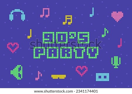 90s party text banner, retro style poster, bright pixeled letters on violet background, nineties editable invitation