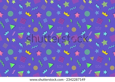Abstract seamless pattern in memphis style, bright geometric shapes on violet background, 90s party invitation design