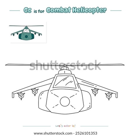 Coloring pages and learning the alphabet with cute cartoons. Coloring page Combat Helicopter. Educational game for children. fun activities for kids to play and learn.