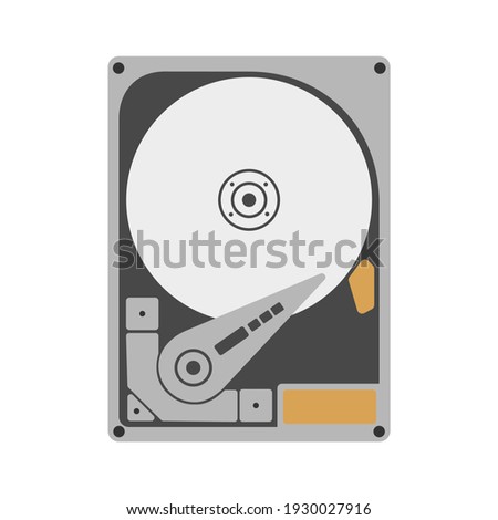 Opened hard disk driver on white background. Close up of HDD internal circuit in simple flat style. Vector illustration for technical design, computer repair, data recording and search concept