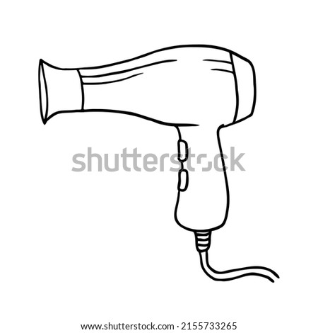 Hair dryer isolated on white background. Black outline hairdryer, hand drawn sketch in doodle style. Simple vector element for hairdressing salon or barbershop tools illustration, hair care concept.