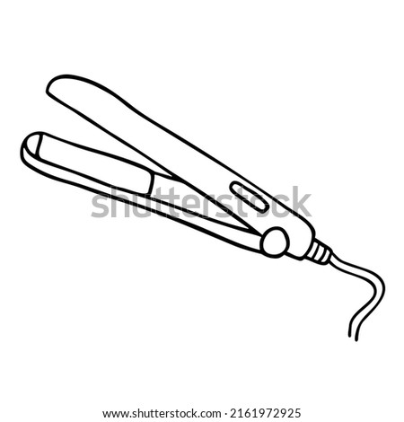 Hair straightener or iron outline sketch isolated on white. Hand drawn linear element in doodle style.  Vector icon of professional hairdresser tool for hairdressing salon or barbershop concept.