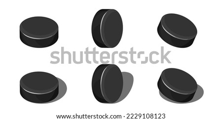 Hockey puck set isolated on white with shadow. Lying and rolling version of puck, cartoon style. Vector element for sport design, professional ice hockey event banner or winter outdoor illustration.