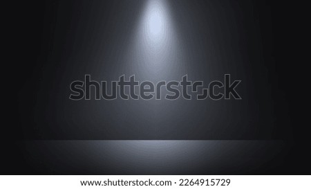 Black studio background with lighting from above. Empty room with monochromatic wall and floor, spot light and shadow. Vector banner for product presentation, realistic template of photography space.