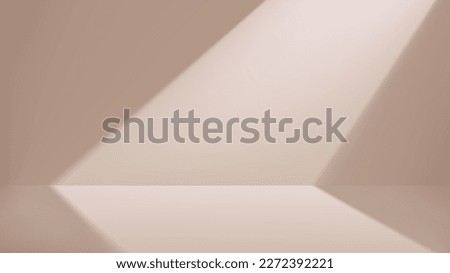 Studio background with a beige wall and floor and light from a window from above. Empty monochrome room with beam of light and shadow. Vector banner for product presentation, realistic photo space.