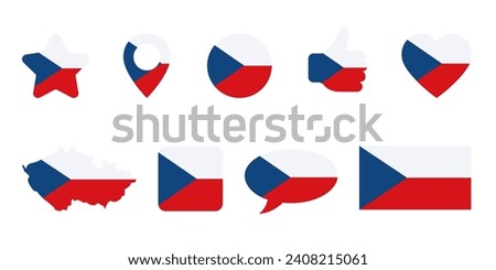 Icon set with star, heart, map, pin, speech bubble and thumb up of czech flag colors. Symbols or signs isolated on white. Vector clipart, illustration of event or national holidays in Czech Republic.