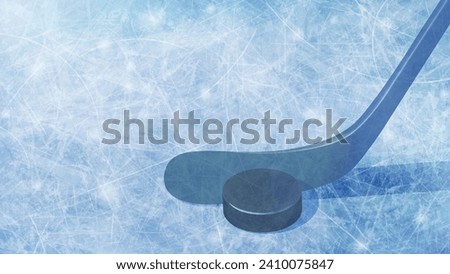 Ice hockey horizontal banner with close-up stick and puck and realistic rink, light blue background. Copy space. Vector picture for winter sport and games illustration, web design, printing.