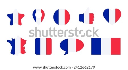 Icon set with star, heart, map, pin, speech bubble and thumb up of France flag colors. Symbols or signs isolated on white. Vector clipart, illustration of french event or national holidays.