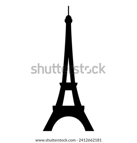 Eiffel Tower icon, black silhouette on white. Minimalist sign in stencil style. Simple vector shape for french sights illustration, graphic and web design.