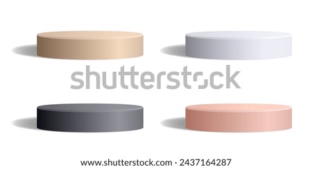 Empty round podium of white, black, pink and beige colors isolated on white. Realistic monochrome low studio platform with shadow in 3D style. Blank vector template for product presentation.