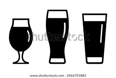 Stout beer icon set, black silhouette isolated on white. Drink in tall pint glass and tulip glass, stencil style. Vector clipart, minimalist sign or simple logo for bar and pub or Octoberfest design.