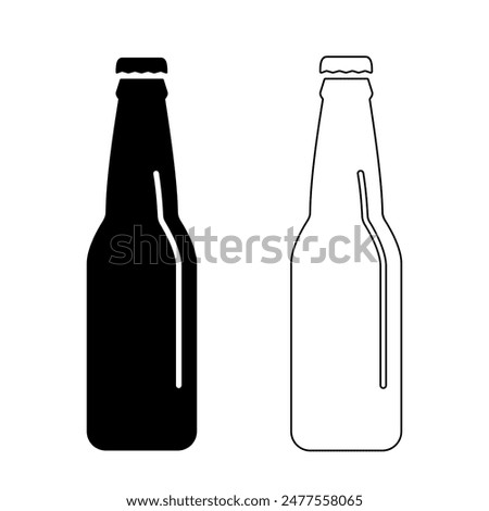 Beer or lemonade bottle icon, black outline and black silhouette isolated on white. Drink in closed bottle, line and stencil style. Vector clipart, minimalist sign or simple logo for bar and pub.